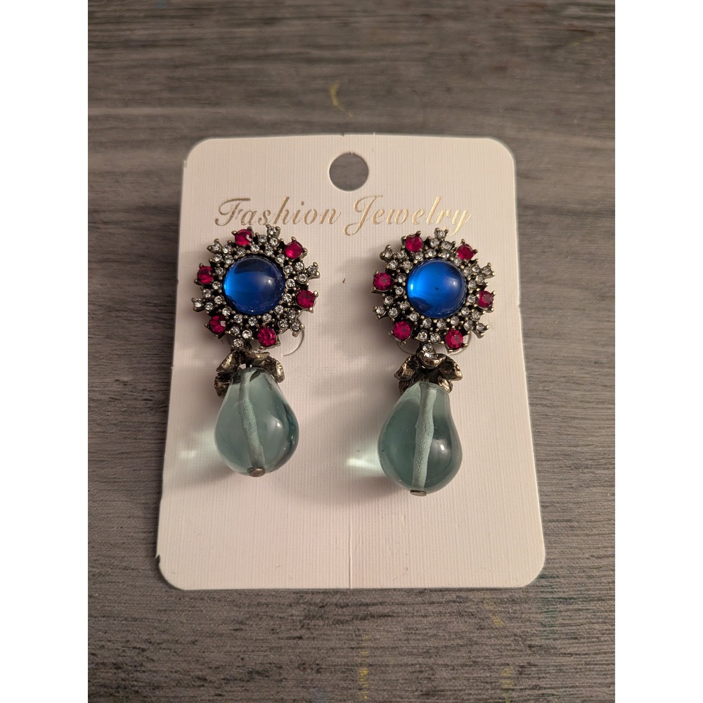 Bohemian Blue Magenta Rhinestone Teardrop Dangle Statement Earrings Silver Tone